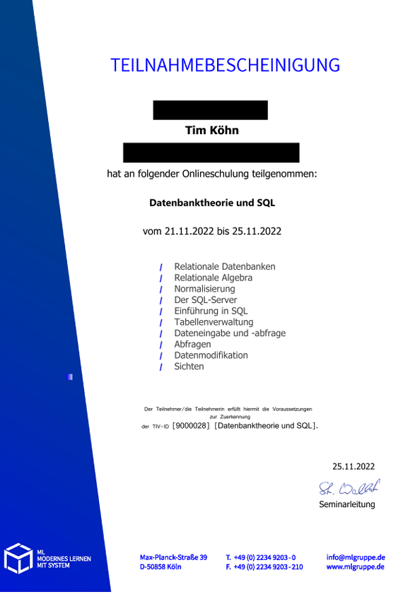 Lehrgangszeugnis Datenbanktheorie und SQL
