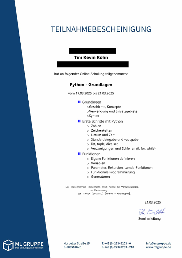 Lehrgangszeugnis Python Grundlagen