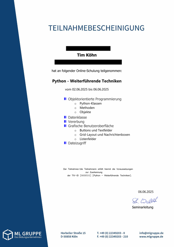 Lehrgangszeugnis Python weiterfuehrende Techniken