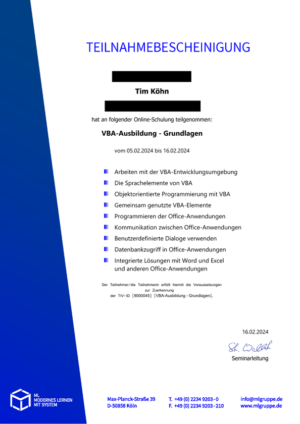 Lehrgangszeugnis VBA Grundlagen